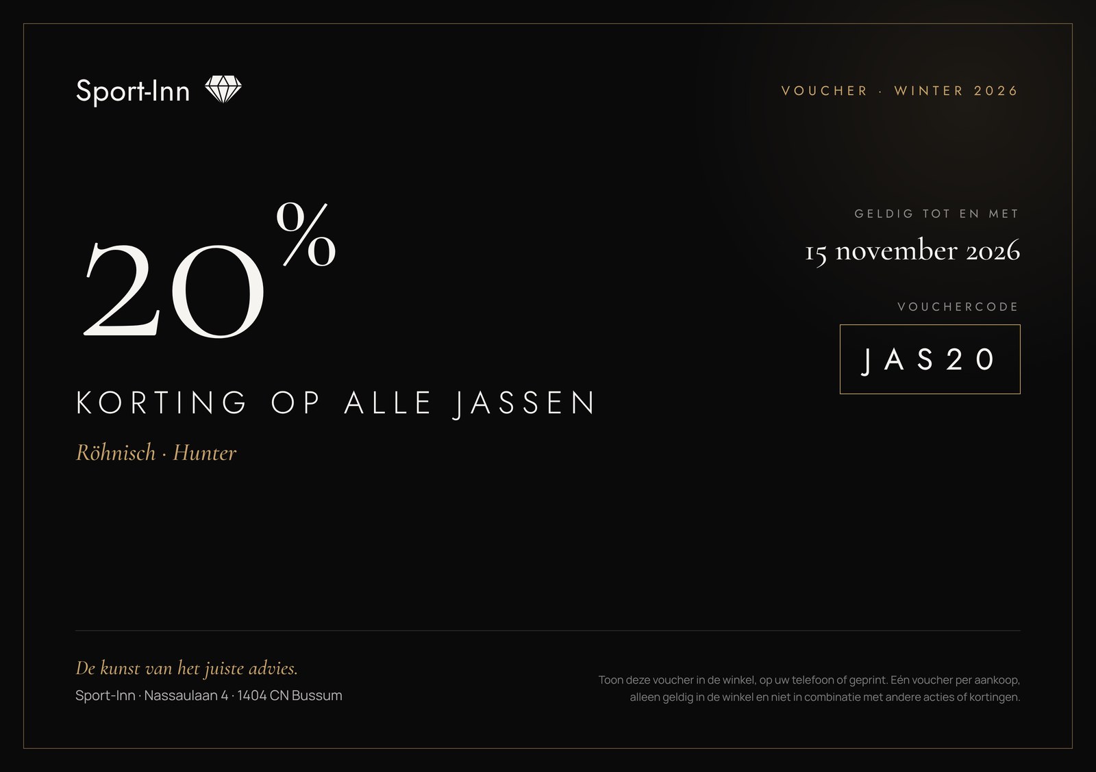 Sport-Inn voucher: 20% korting op alle jassen, geldig tot en met 15 november 2026, code JAS20